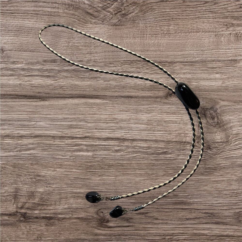 VTG Obsidian Bolo Tie Western Southwestern White Black Braid Cord Leather Unisex